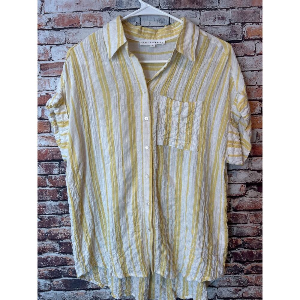 jane & delancey yellow striped button up shirt top blouse women's size small